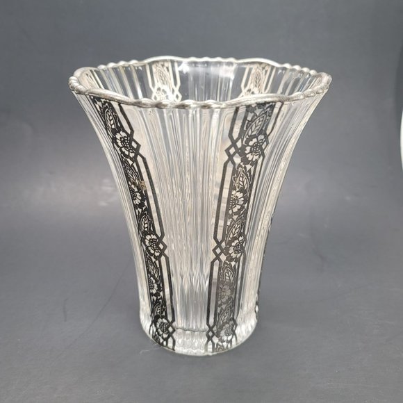 Silver Accented Fluted Glass Vase Vintage Hollywood Deco Style PR311 - Picture 2 of 13